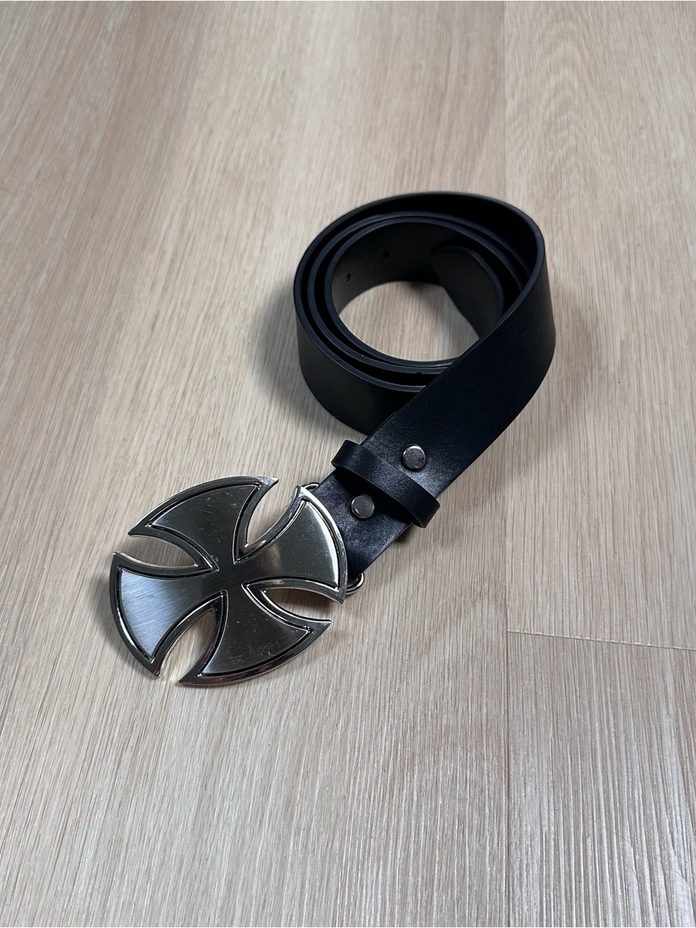 Men's Black Leather Belt with Silver Cross Buckle
